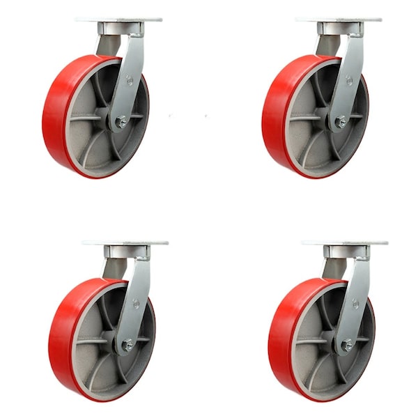 Service Caster 12'' Heavy Duty Red Poly on Cast Iron Caster Set with Swivel Locks , 4PK CRAN-SCC-KP92S1230-PUR-RS-BSL-4 - main